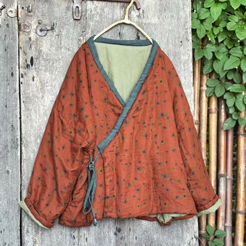 

Women Casual Quilted Coats New Arrival 2025 Autumn Chinese Style Vintage Floral Print Loose Female Thick Cotton Jackets M2005