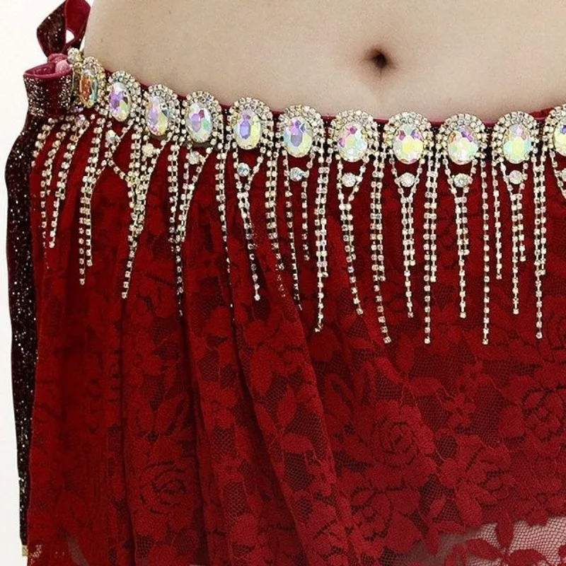 Customized Oriental Belly Dance Waist Chain Tassel Colorful Diamond Belt Dance Waistband for Women and Sexy with Water Drill