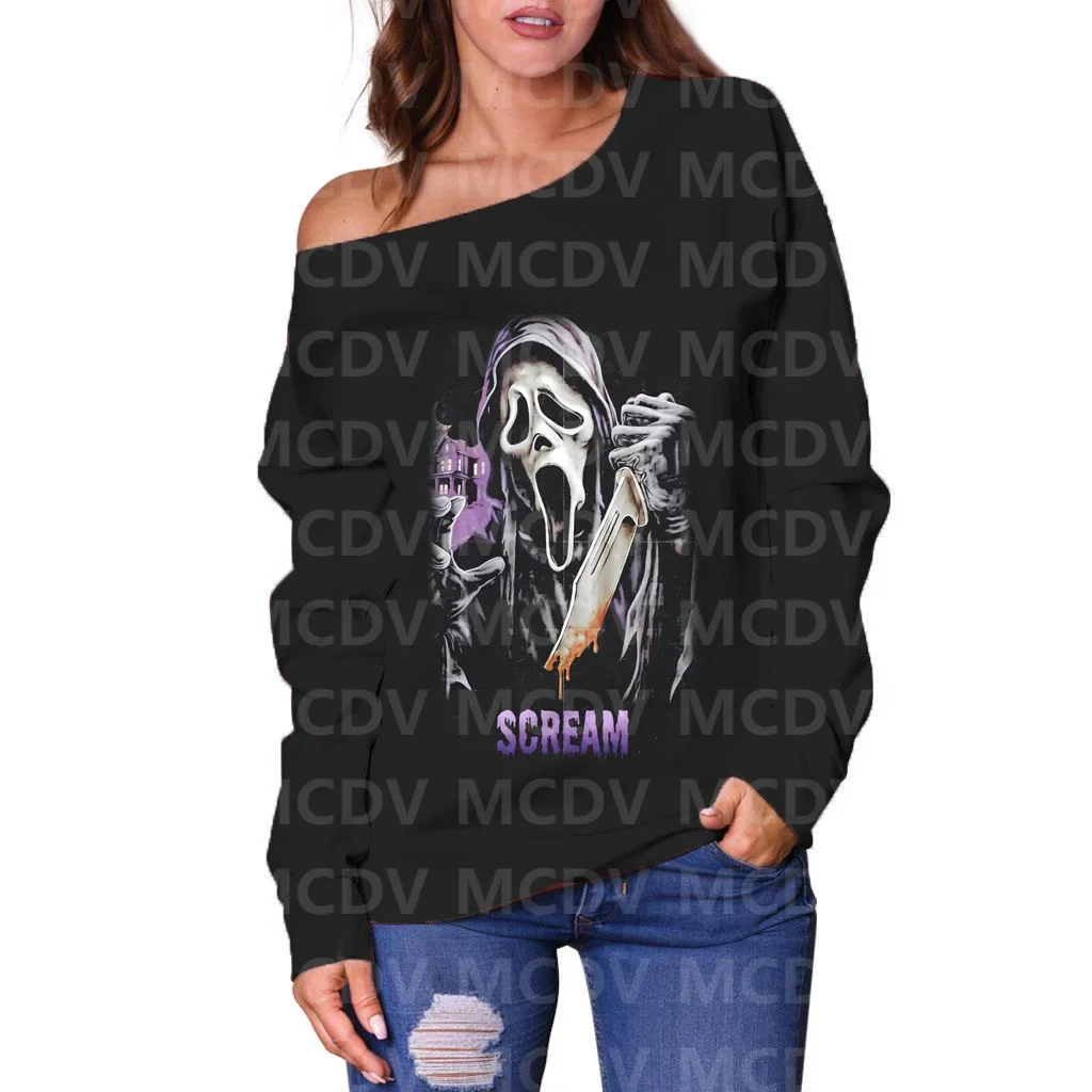 Women's Off Shoulder Sweater Halloween Skull 3D Printed Women Casual Long Sleeve Sweater Pullover