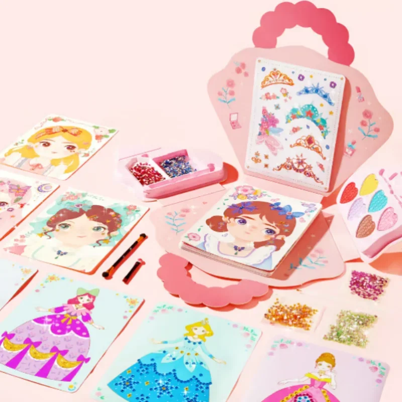 Fantasy 3-in-1 Princess Dress Up & Make Up Game Set Diy Creative Girls Makeup Toy Drawing Outfit Changing Diamond Sticking