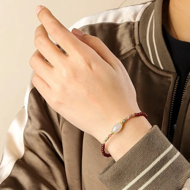 JD 5A Quality Natural Red Garnet Bead Lucky Jade Beaded Bracelet Women Luxury Thin Adjustable Chain Bangles Female Jewelry Gifts