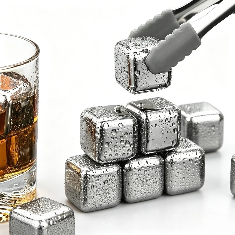 Stainless Steel Ice Cubes Reusable Silicone Ice Tongs Storage Tray No Dilution Fast Cooling For Whiskey Cocktails Coffee Gifts