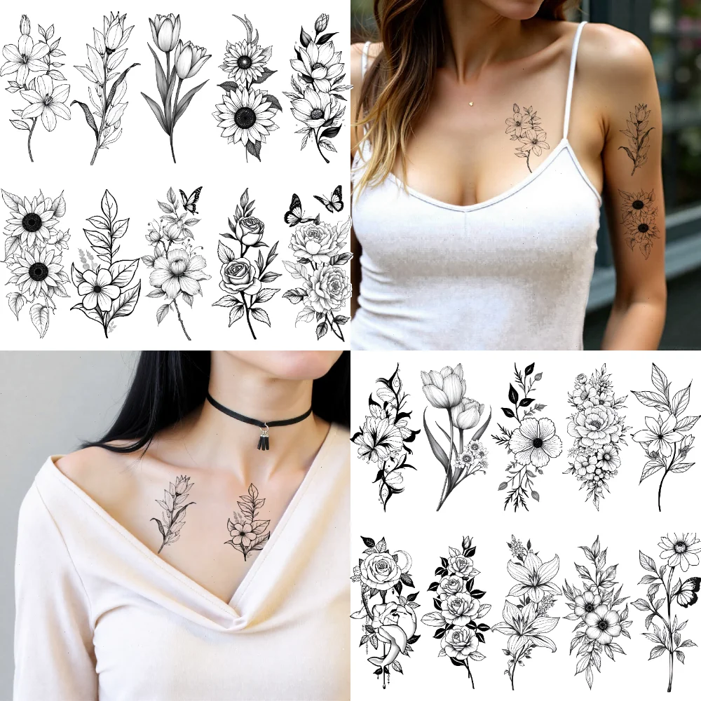 

9 шт. временные татуировки с цветочными узорами, водонепроницаемые долговечные наклейки для тела, природные мотивы, цветочный дизайн, линия искусства для рук
