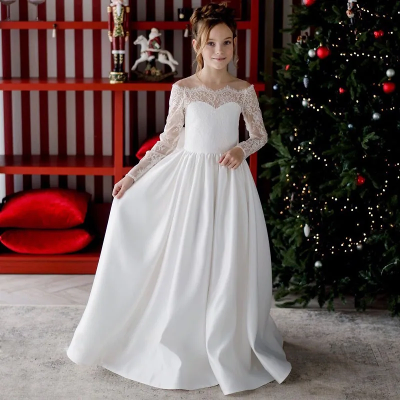 

White Flower Girl Dresses Satin Lace Appliques With Bow Long Sleeve For Wedding Birthday Banquet Prom Holy Communion Gowns