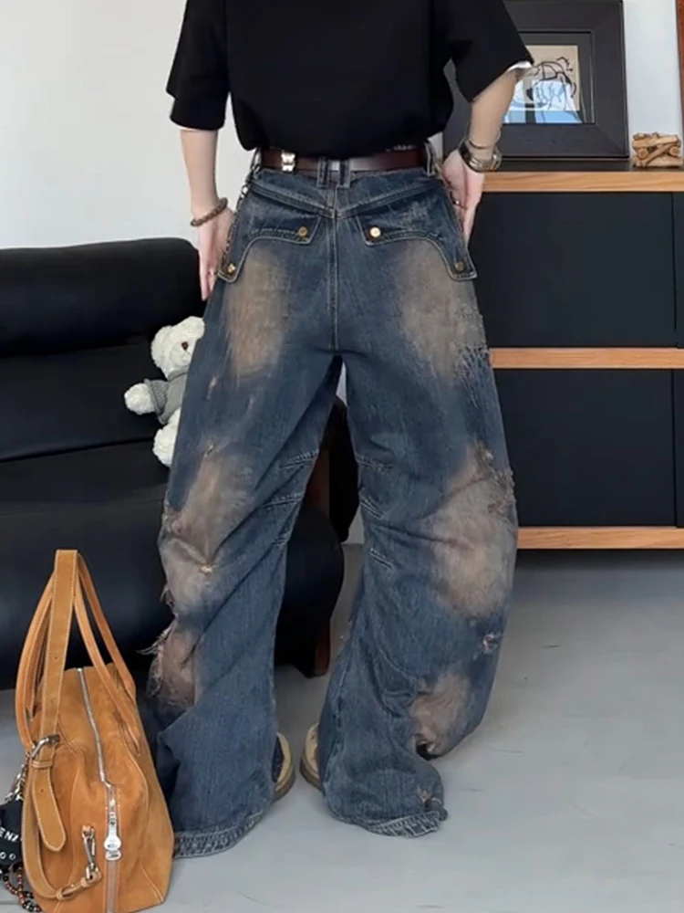 Y2K Spicy Girls Contrast Color Stitching American Style Vintage Design Wide Leg Mop Pants New Fashion Washing Street Jeans