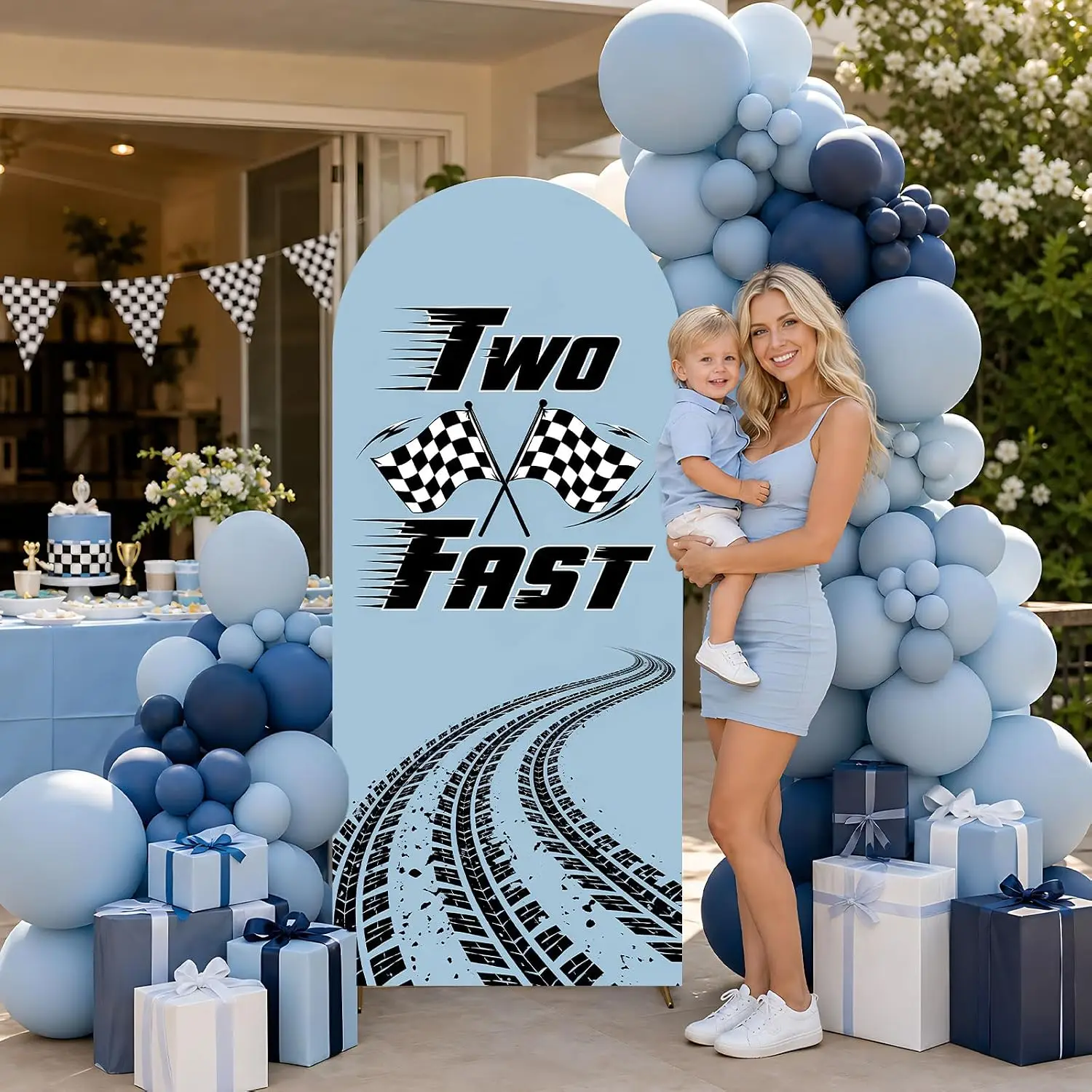 Custom 2-sided Two Fast Birthday Arch Backdrop Cover Race Car 2nd Birthday DIY Age Background Boy Racing Party Supplies Shoot