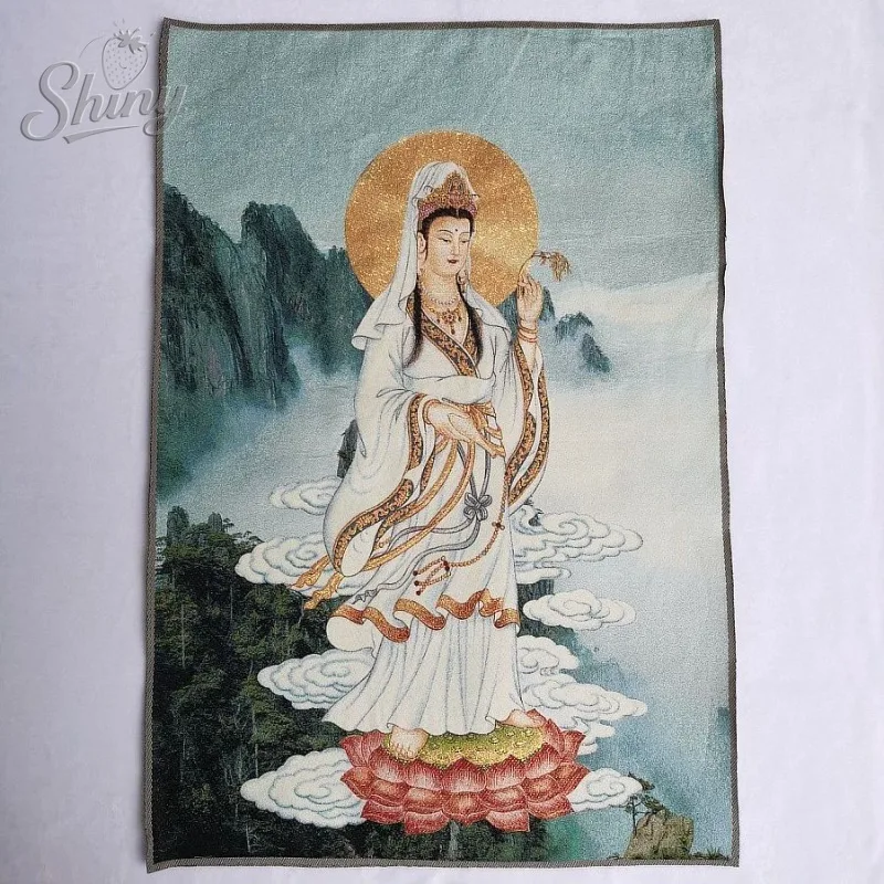

35.4″ Guanyin Bodhisattva Brocade Tibetan Tangka Embroidery Painting Gold Thread Embroidery Decorative Hanging Pictures