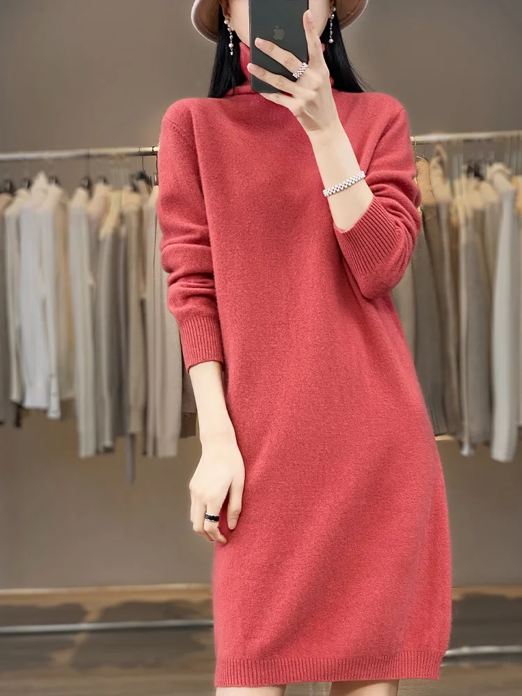 

100% Merino Wool Women Elegant Dress Autumn Winter Solid Knitted Pullover Casual Long Sleeve Female Clothing Clearance Sales