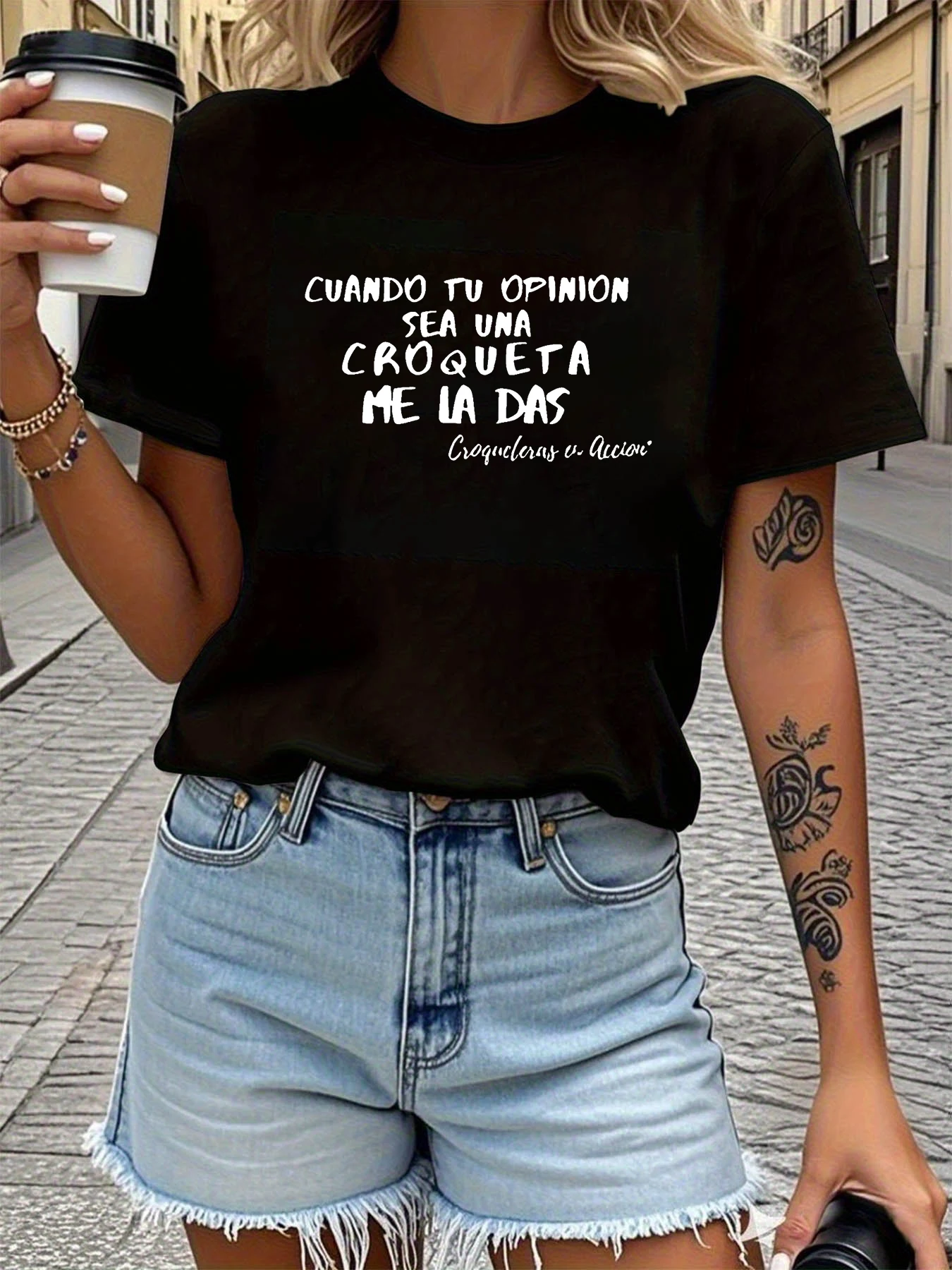 Camiseta de manga corta para mujer con estampado de letras en español 'CUANDO TU OPINIÓN SEA UNA CROQUETA ME LA DAS', top informal para verano y primavera