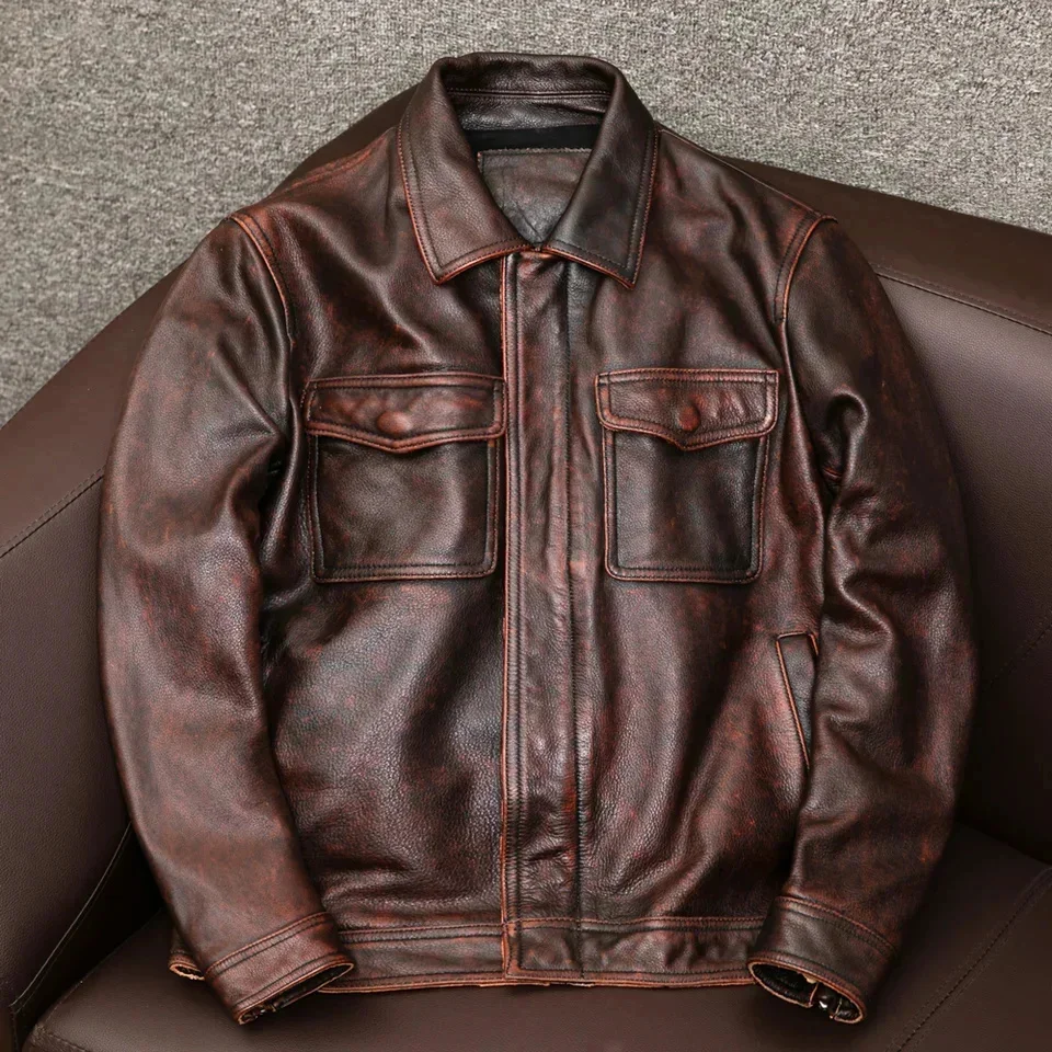 YR!Wholesales.Brown cowhide jacket.Men genuine leather coat.vintage casual outwear.Classic style clothing