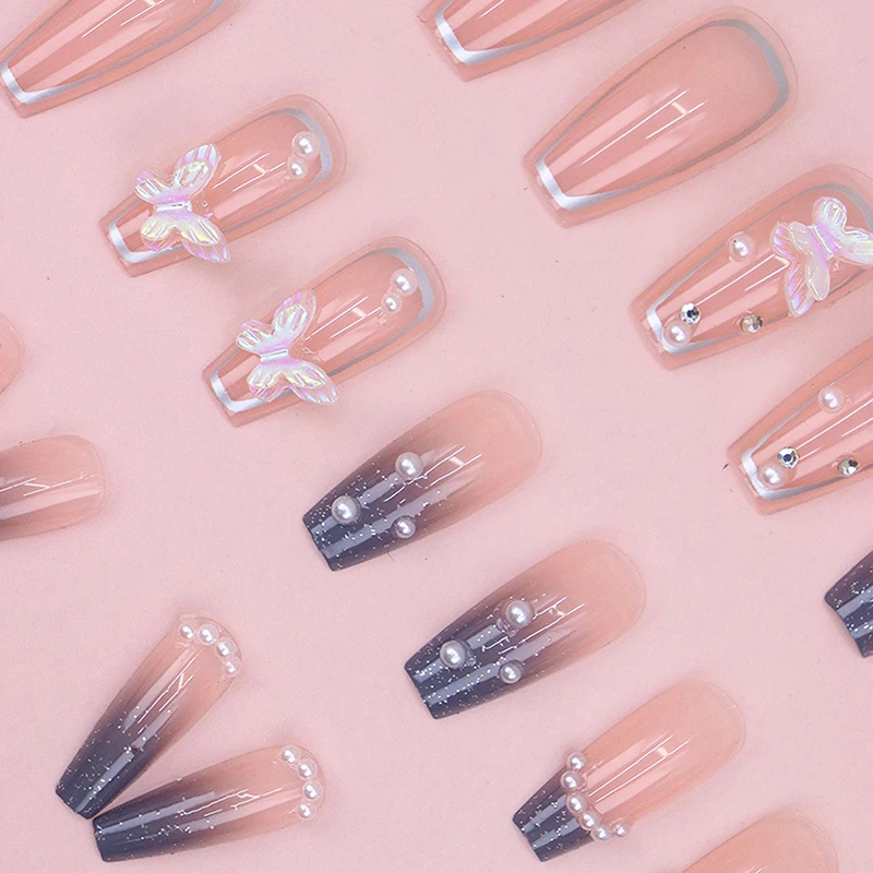 ชุดเล็บปลอมแบบกดติด 24 ชิ้น/ชุด ลายผีเสื้อสตรอว์เบอร์รี่ฝรั่งเศส ลายตาแมว  แบบถอดได้ รูปทรงวงรี ชุดเล็บปลอมครบเซ็ต