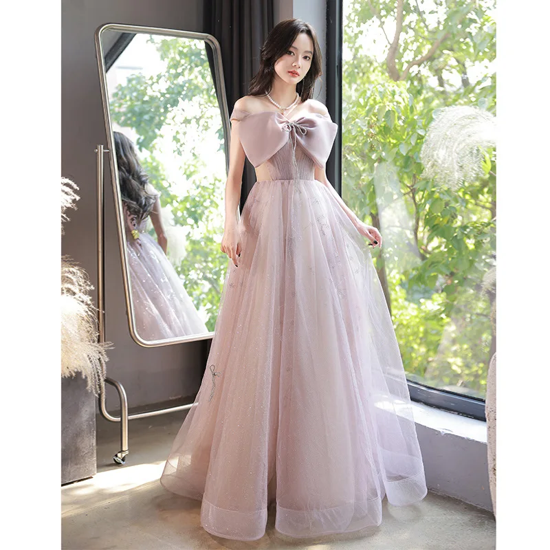 

Exquisite Shiny Sequined Tulle Long Evening Dress Sexy Off The Shoulder Sleeveles Robe De Soiree A-line Simple Fairy Dress Party