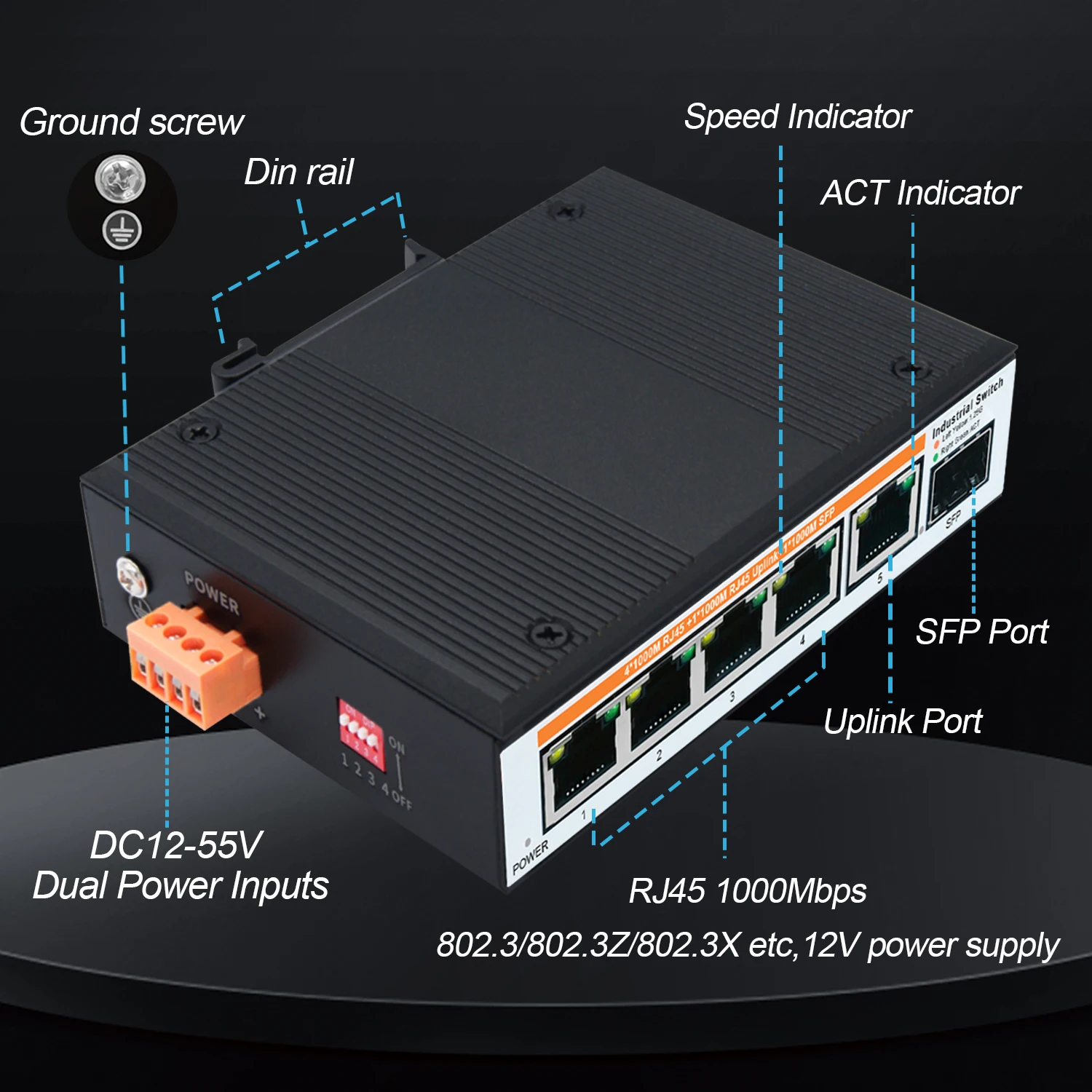 Gigabit Industrial Ethernet Switch 5 Port 1000Mbps Unmanaged Outdoor Network Switches IP40 -40 to 80°C DIN Rail Metal