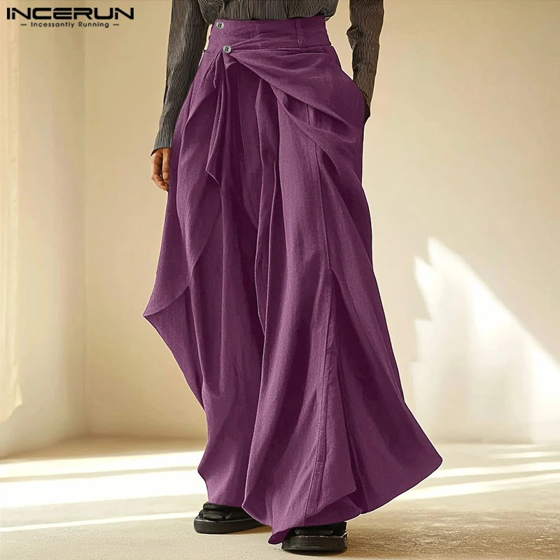 INCERUN 2025 Korean Style Trousers Stylish Men Irregular Fake Two-piece Design Pant Casual Well Fitting Solid Wide Leg Pantalons