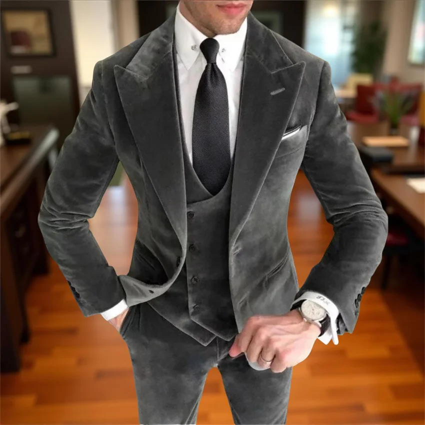 

Velvet Suits for Men Business Prom Slim Fit 3 Pieces Peak Lapel Wedding Tuxedo Male Fashion Suit Set Blazer with Pants Vest