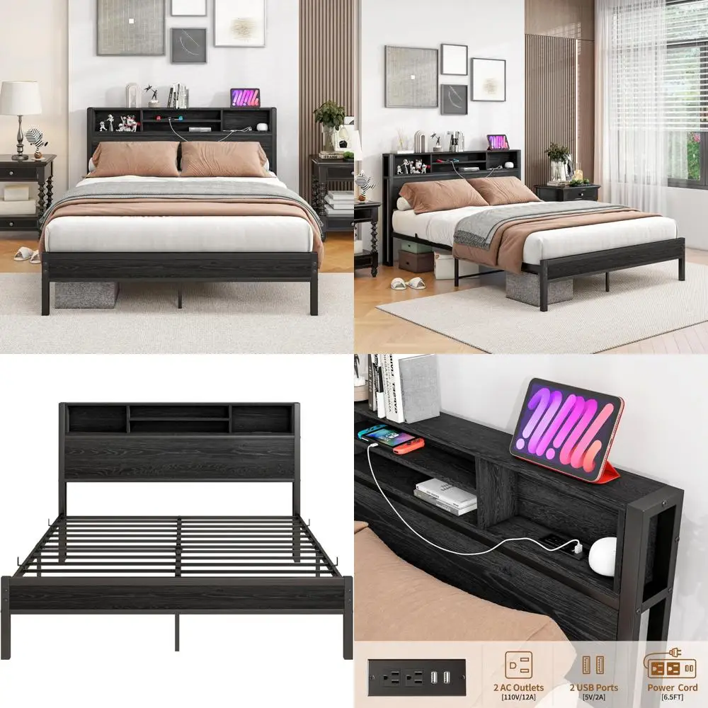 

Queen Metal Platform Bed Frame with Black Bookcase Headboard and USB Charging Station
