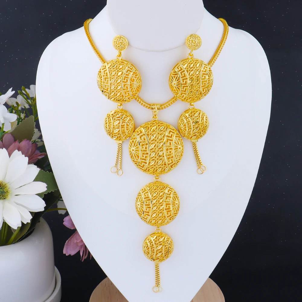 

Dubai Gold Color Jewelry Set For Woman Bridal Spain Gold Plated Chain Necklace Charms Earrings Jewellery Set for Party Gift