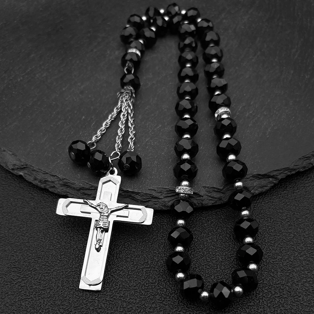 

Christian Stainless Steel Jesus Crucifix Cross Car Pendant for Men Women Religious 33 Glass Prayer Beads Chain Amulet Jewelry