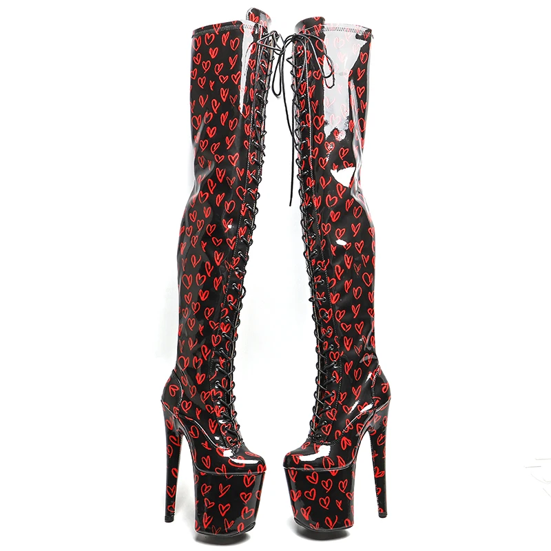 Leecabe  20CM/8inches Patent  PU  Heart-shaped pattern stripper heel party fashion platform High Heel  Pole Dance boots