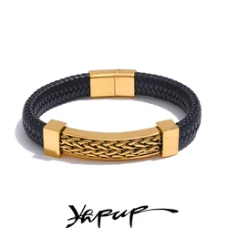 Yhpup 70mm Personalized Stainless Steel Leather Metal Chain Wide Bracelet Bangle Men Jewelry Gifts for Husband and Boyfriend