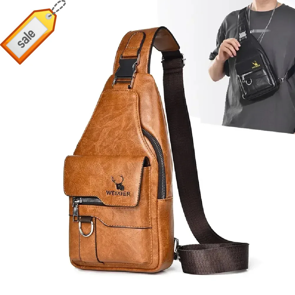 

Men Cross body Backpack Shoulder Sling Chest Fashion Retro PU Leather Travel Casual Male Messenger Side Bag