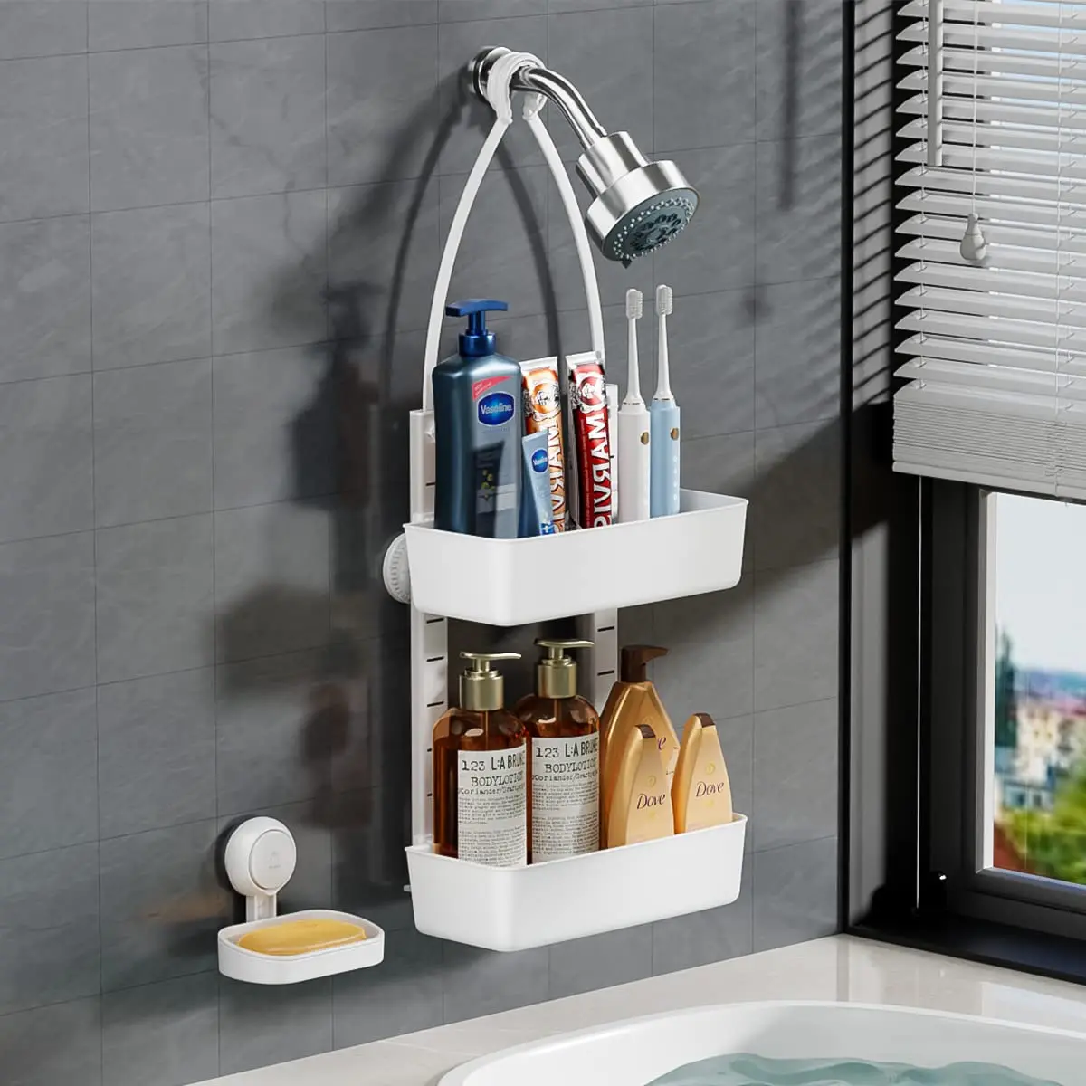 

TAILI Shower Caddy Over Shower Head Adjustable Anti-Swing with Strong Suction Cup, Over the Door Shower Caddy with Coap Holer