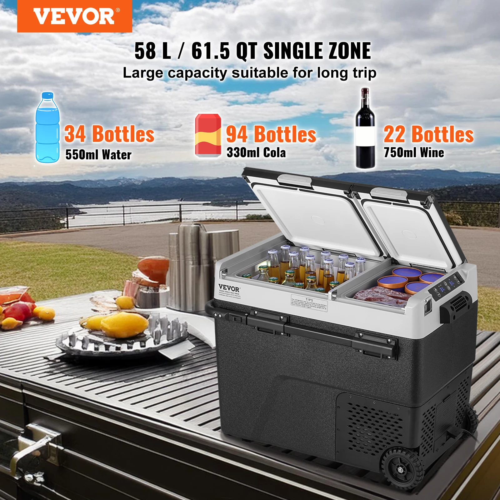 VEVOR 58L Car Refrigerator, 12V Car Fridge, Dual Zone Portable Freezer,-4℉-68℉ Adjustable Temperature,Compressor Cooler for Home