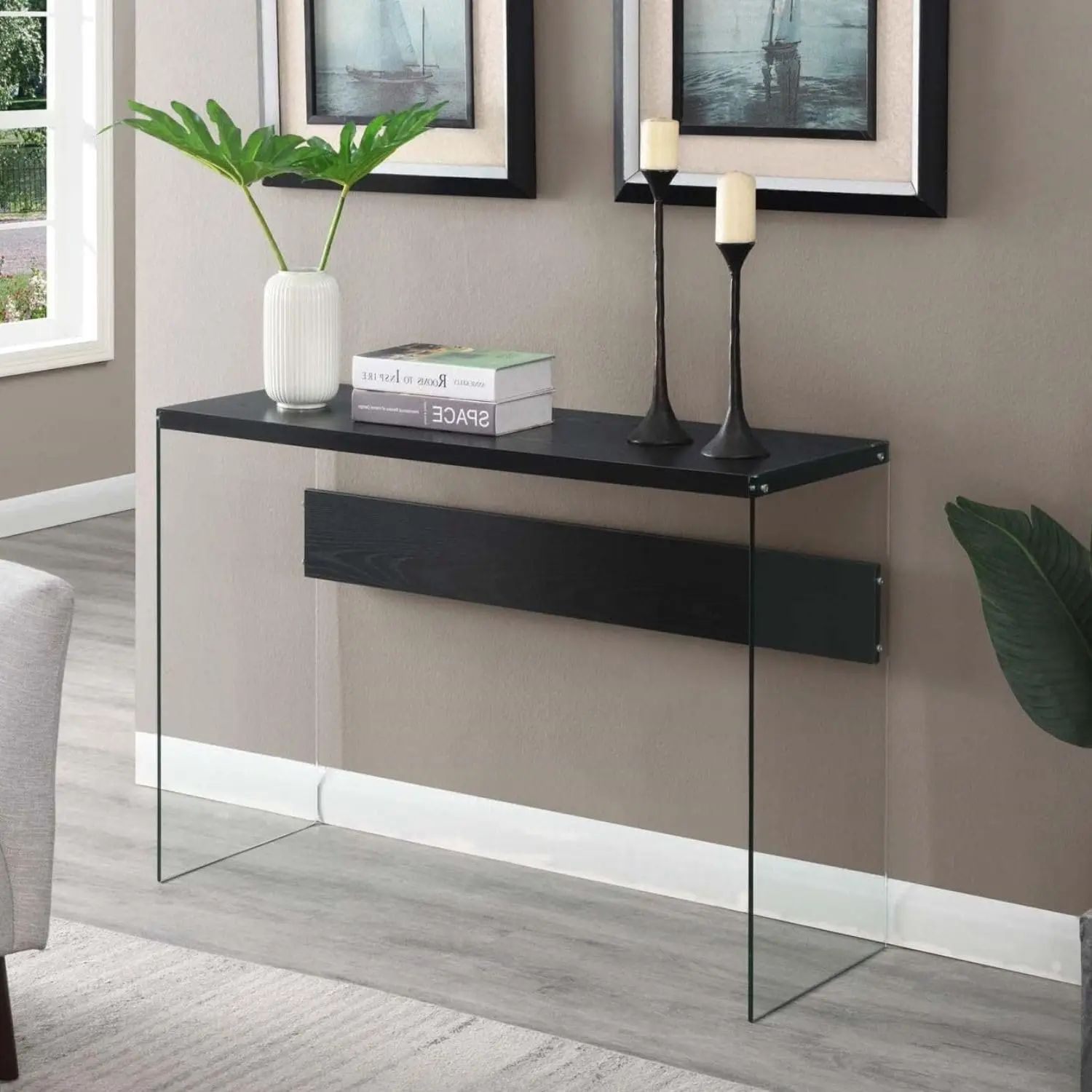 Industrial Console Table with Storage Shelf, Glass Top Entryway Accent Table for Hallway Living Room Entrance Black, Customized