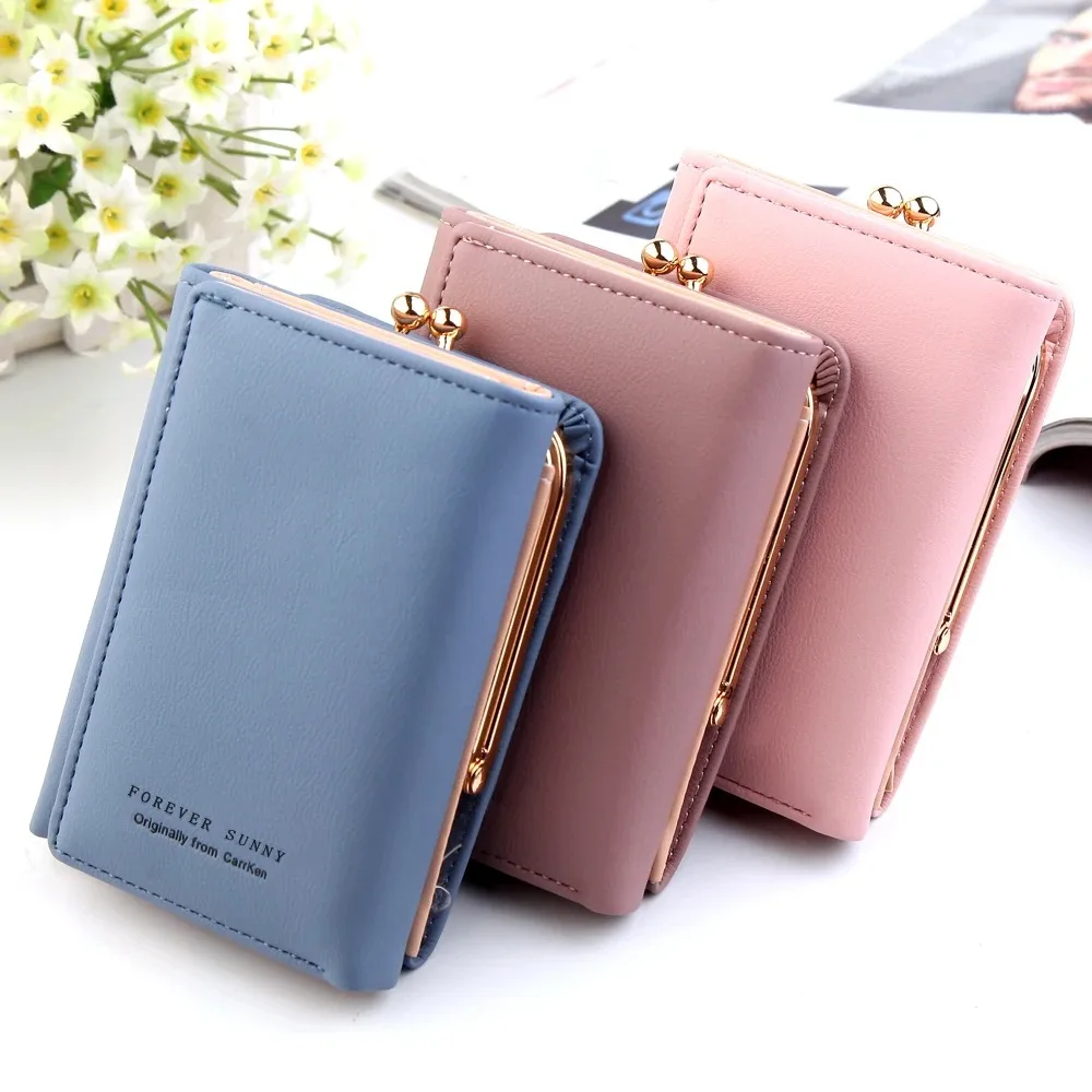 Women Trifold Short Wallet PU Leather Kiss Lock Coin Purse Multi Card Slots Photo Pocket Portable Ladies Money Purse Card Holder