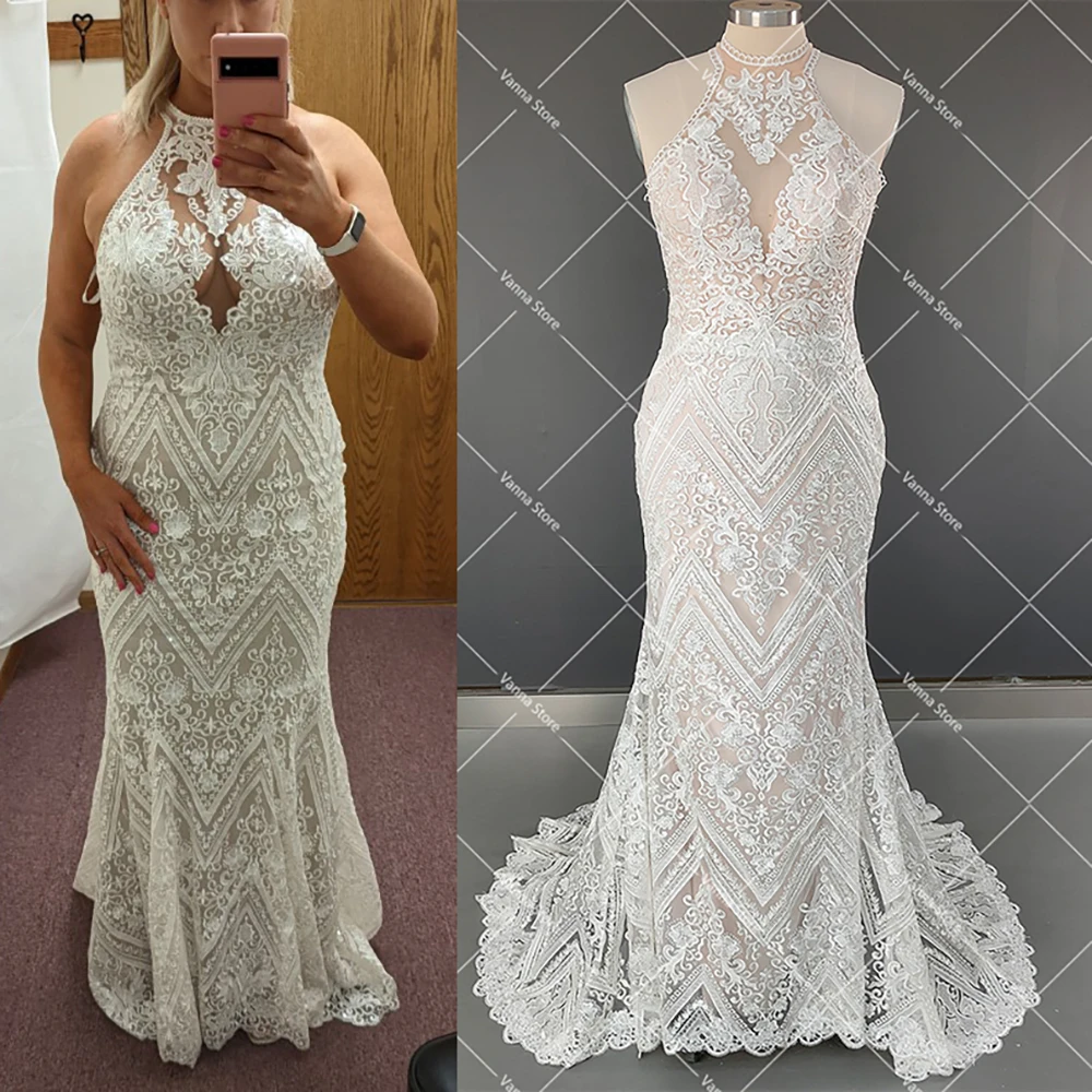 Geometric Lace High Neck Sheath Wedding Dress Customized Illusion Cutout Buttons Closure Elegant Sleeveless Mermaid BRIDAL GOWN