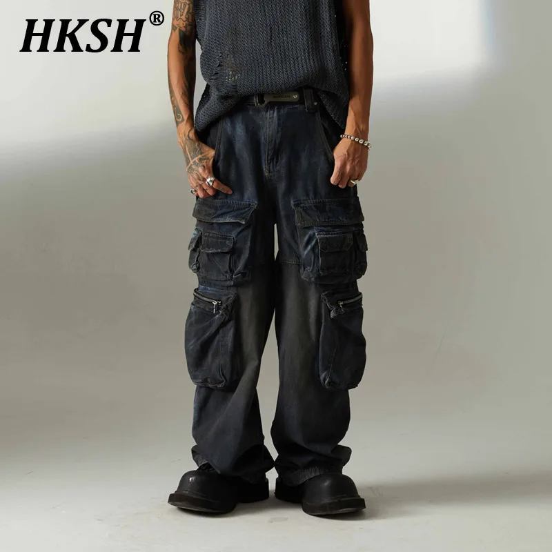 HKSH Men's Tide Streetwear Punk Autumn Winter New Waste Land Denim Pants High Street Dirty Dye Women's Safari Style Jeans HK3496