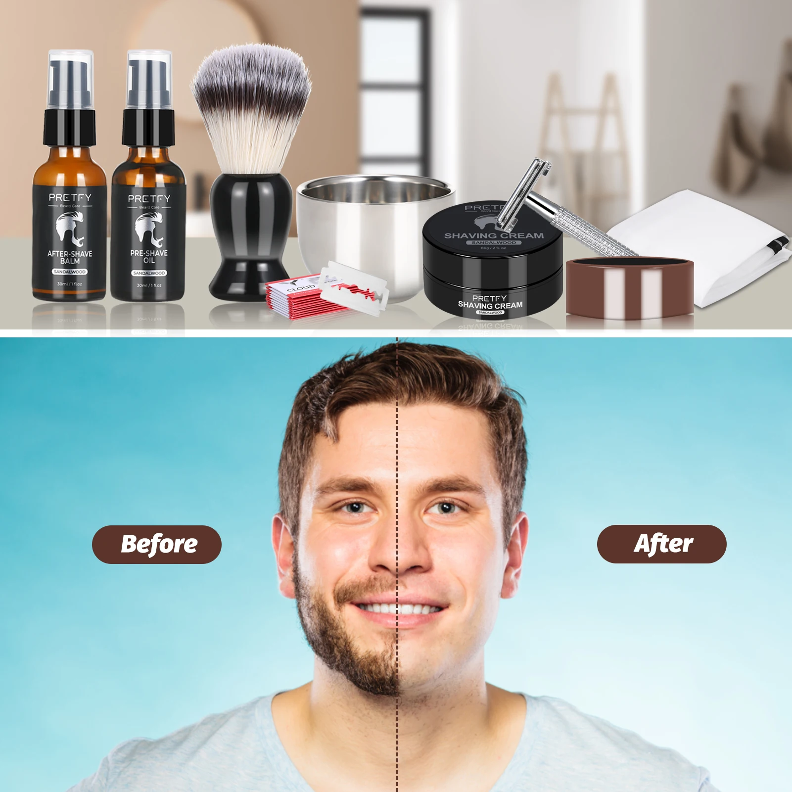 طقم حلاقة اللحية 8 في 1 مع ماكينة حلاقة يدوية كريم حلاقة صابون حلاقة زيت ما قبل الحلاقة بعد الحلاقة بلسم فرشاة حلاقة وعاء مريلة اللحية
