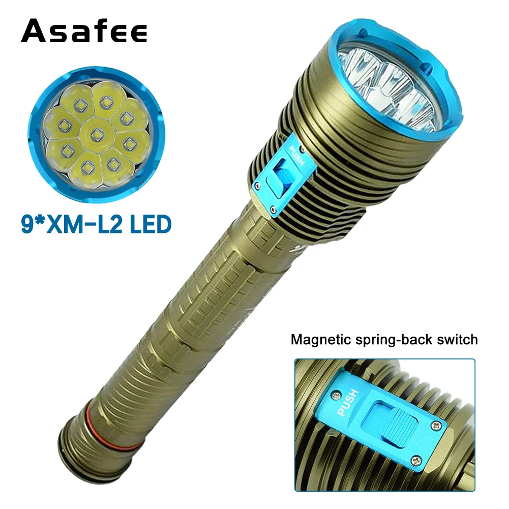 Asafee L2 LED Yellow Light 100M Underwater Diving Flashlight 5000LM 100M Range Torch Waterproof 18650 Battery Lantern