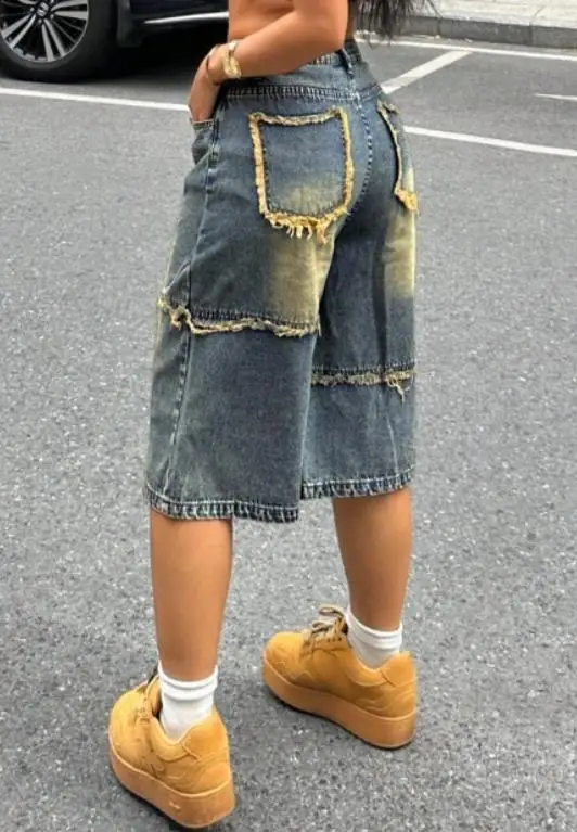 Splicing fringed and cool denim shorts for women, loose straight leg five quarter pants