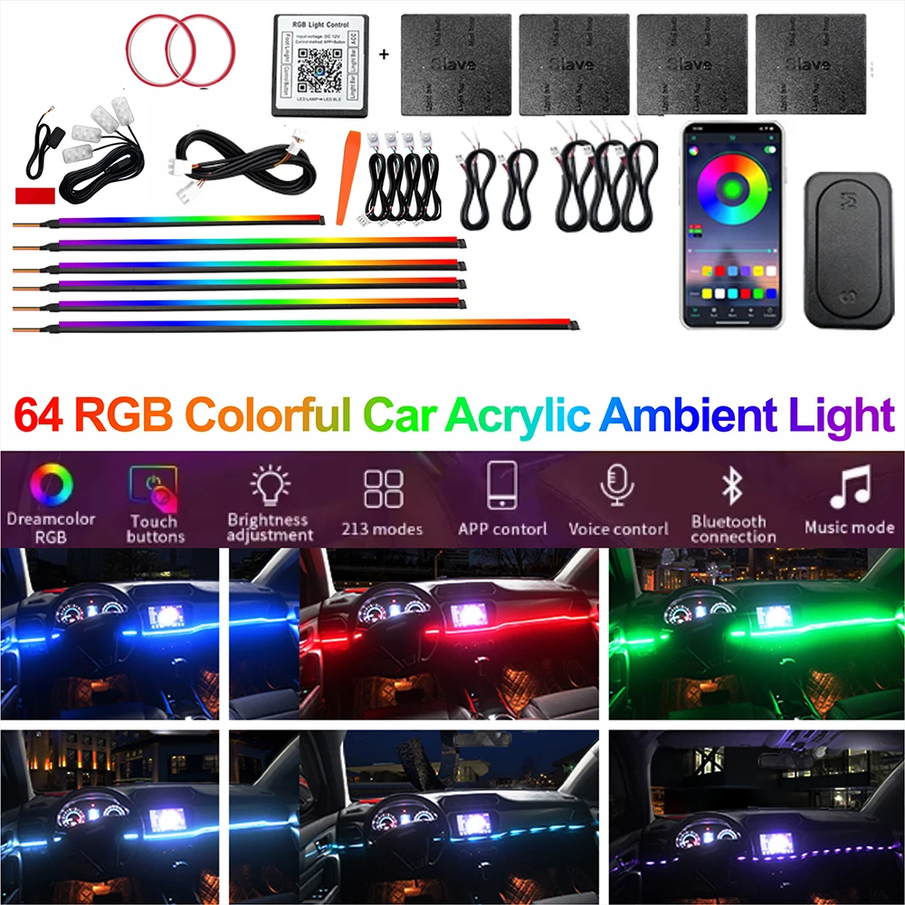 Universal Led Car Ambient Light RGB 64 213 Color Acrylic Strips Symphony Streamer Interior Dashboard Decoration Ambient Light 5V