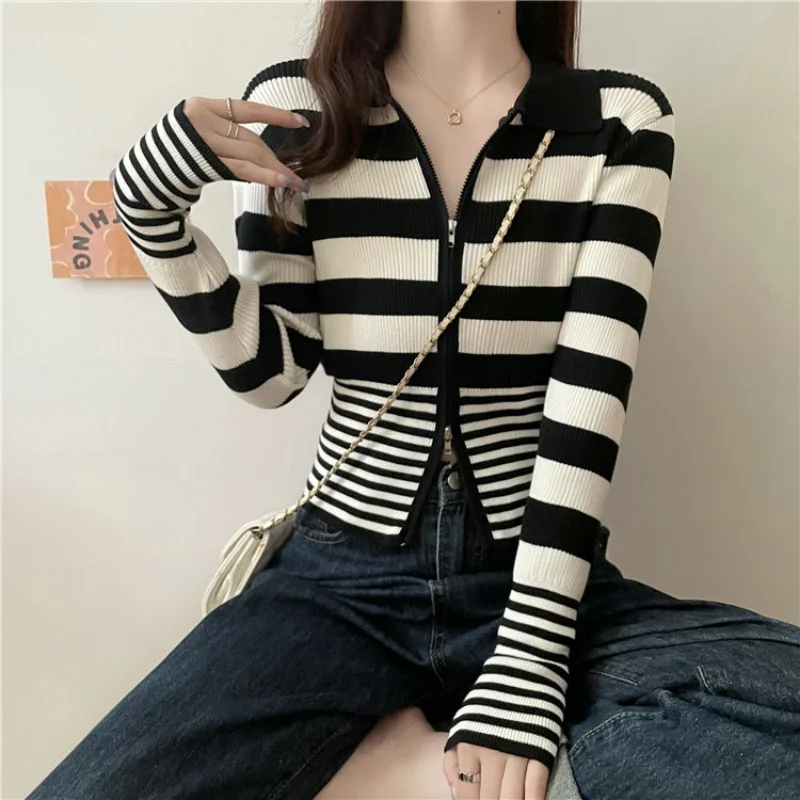 Spring Design Feeling Knitwear Cardigan Women Contrast Stripe Polo Neck Double Zip Cardigan Coat Long Sleeve Short Sweater Top