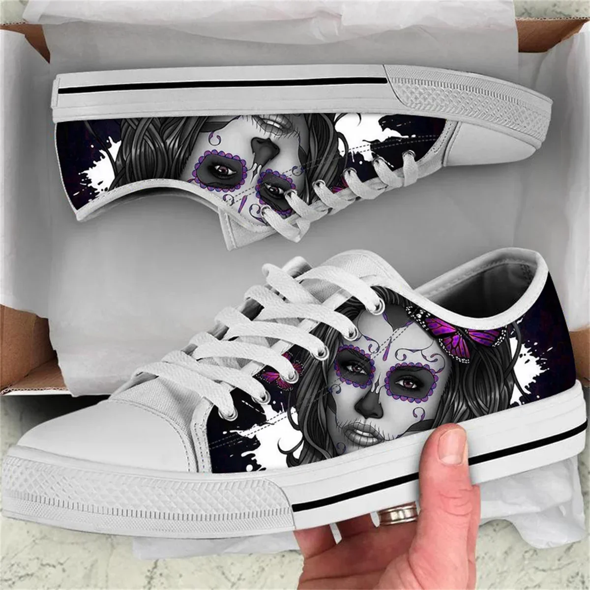 

Breathable Women's Flat Sneakers Day of the Dead Skull Girl Design Light Lace Up Vulcanized Shoes Versatile Casual Canvas Shoes