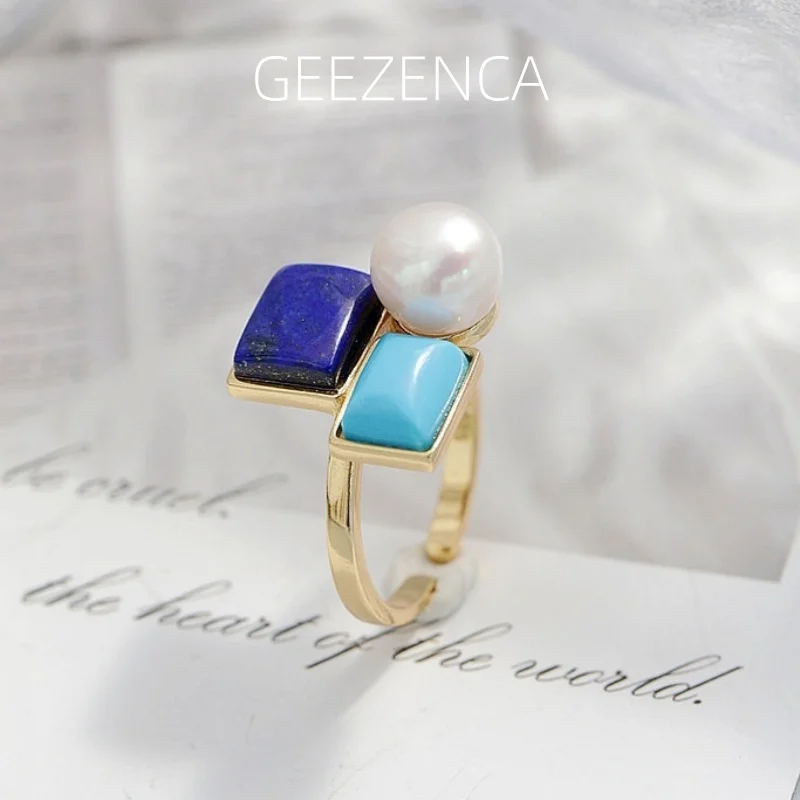 

GEEZENCA 925 Silver Lapis Lazuli Pearl Blue Stone Open Ring Women 18K Gold Geometric Trendy Simple Statement Rings Love Gift Her