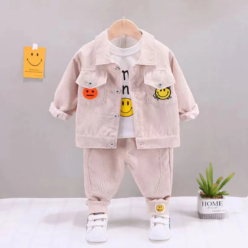 Spring Autumn Baby Boy Clothes 1 to 5 Years Turn-down Collar Corduroy Cardigan Jackets Outwear + T-shirts + Pants 3 PCS Outfits