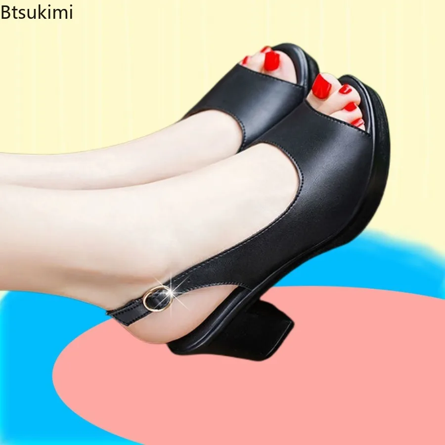

New 2025 Summer Women's Fish Mouth Leather Sandals Black Banquet Dress Show High Heeled Sandals for Women Non-slip Ladies Shoe