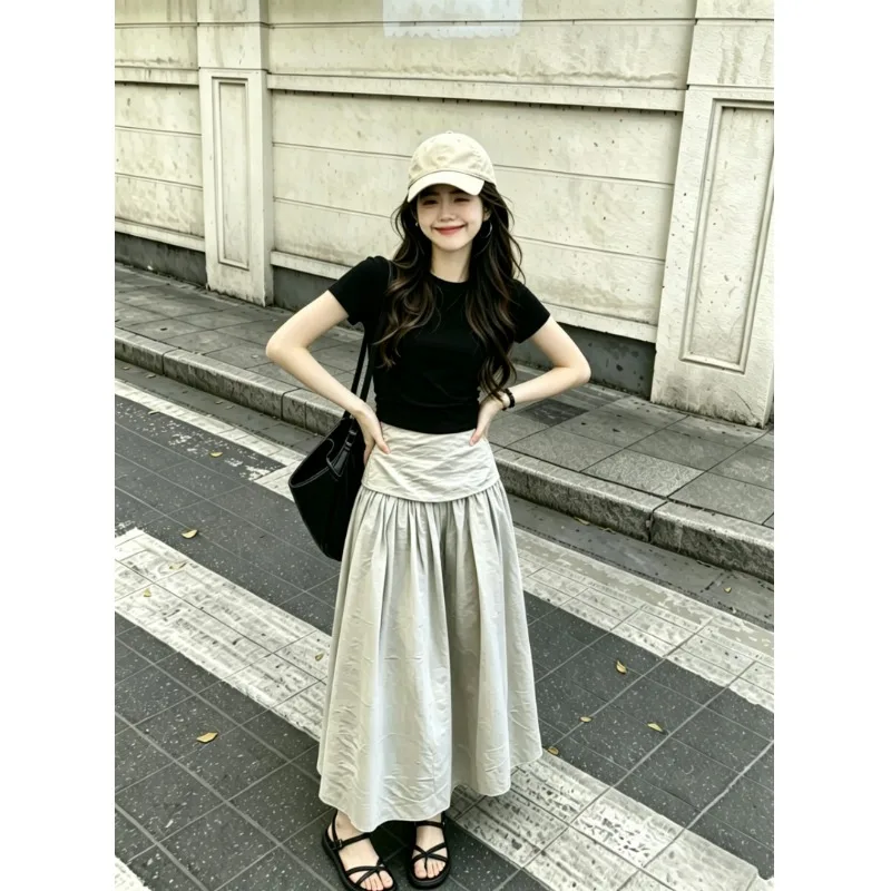Korean Style Summer Outfit Women's Black Top And Skirt Set High Waist Slim Fit Handmade Sewing Chic Fashion Two-Piece Set