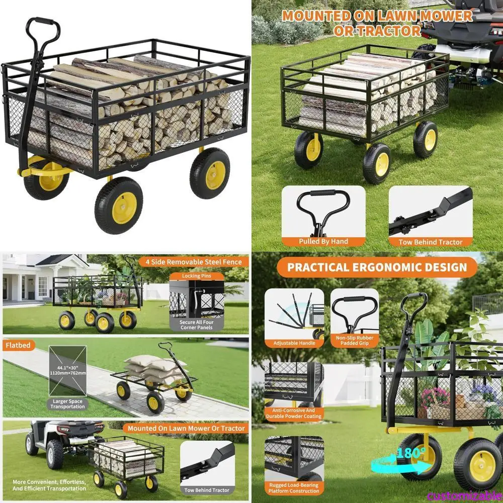 

Sturdy 3-in-1 Steel Garden Cart with 1400 lbs Capacity, 13 All-Terrain Tires, and Detachable Mesh Sides