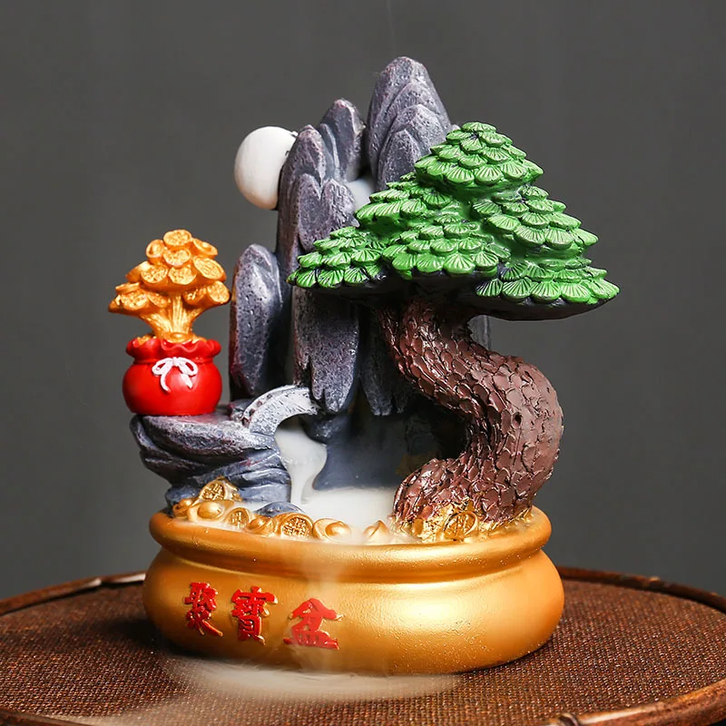 Resin Mountains River Waterfall Incense Burner Holder Smoke Backflow Aroma Incense Censer Cone Fengshui Home Desktop Decoration