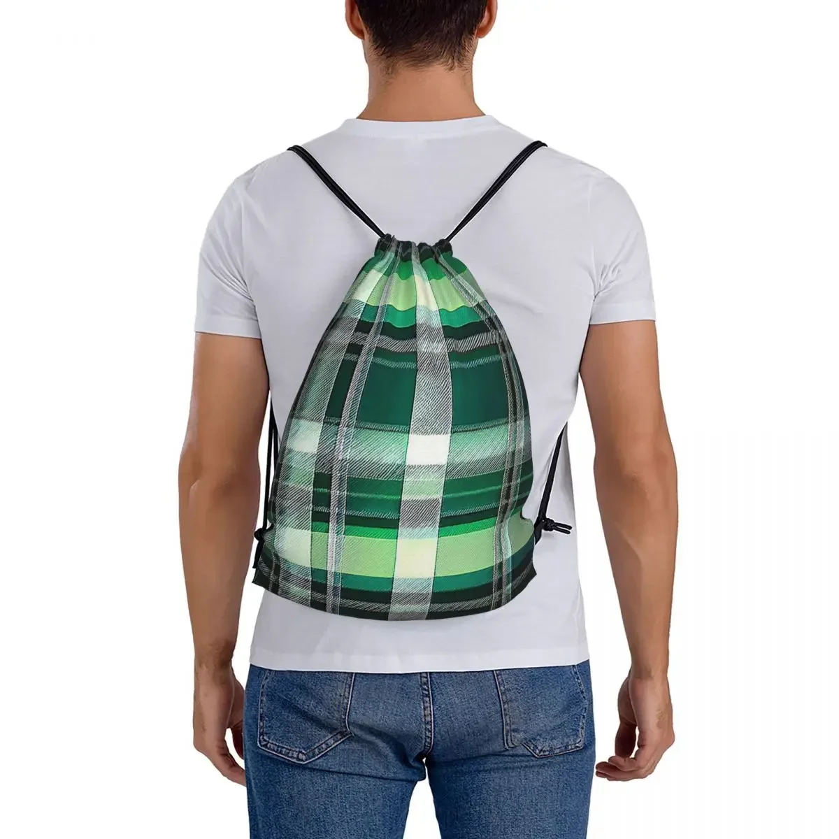 Sacs à dos en tartan vert pour hommes et femmes, sacs à ficelle de proximité portables, sac de sport à poches groupées, cartable d'école