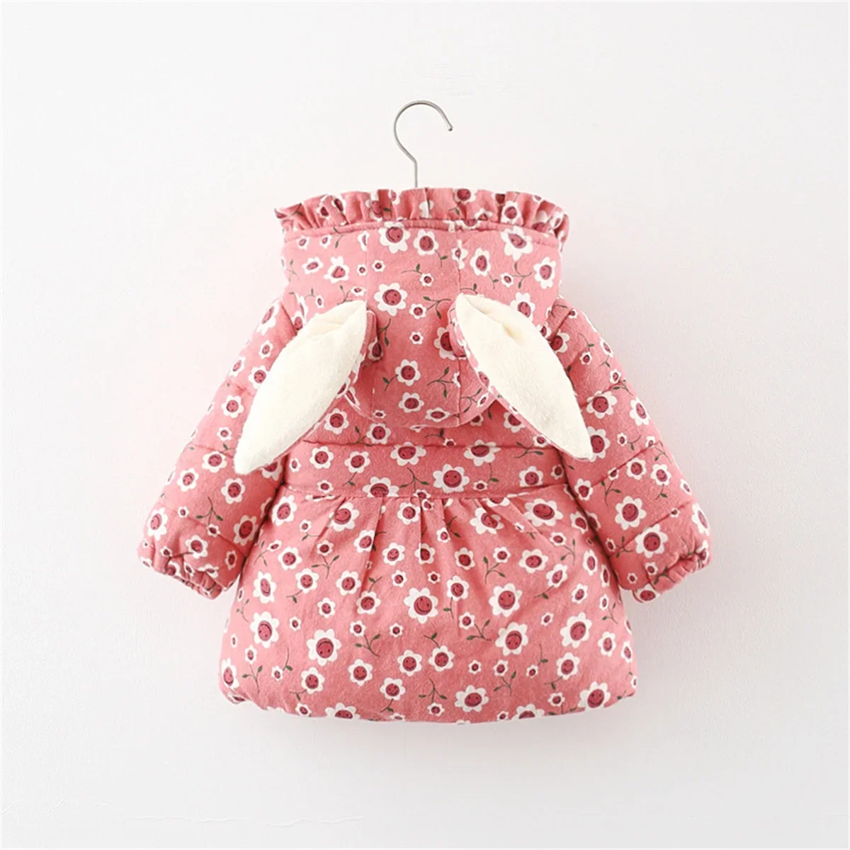 Winter Girl Cotton Coat Small Flower Love Bow Pocket Rabbit Ear Hooded Button Long Sleeve Plush Thickened Coat