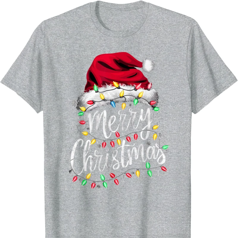 

Red Santa Lights Design Christmas Cotton T-shirt for Men and Women Crew Neck Short Sleeve All Seasons Casual Fashion Soft Ideal