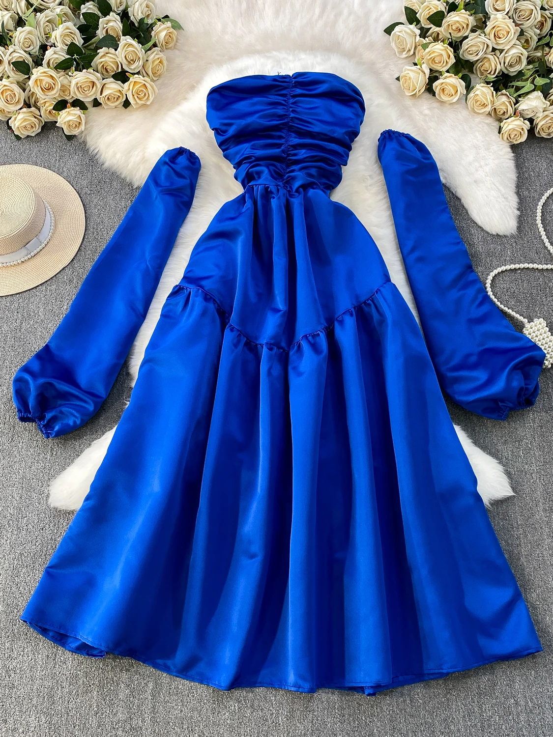 Ele Evening Dr Rock Damen Herbst Winter Kleid mit hoher Taille und Sves Taille gerafft A-Linie lang Dr