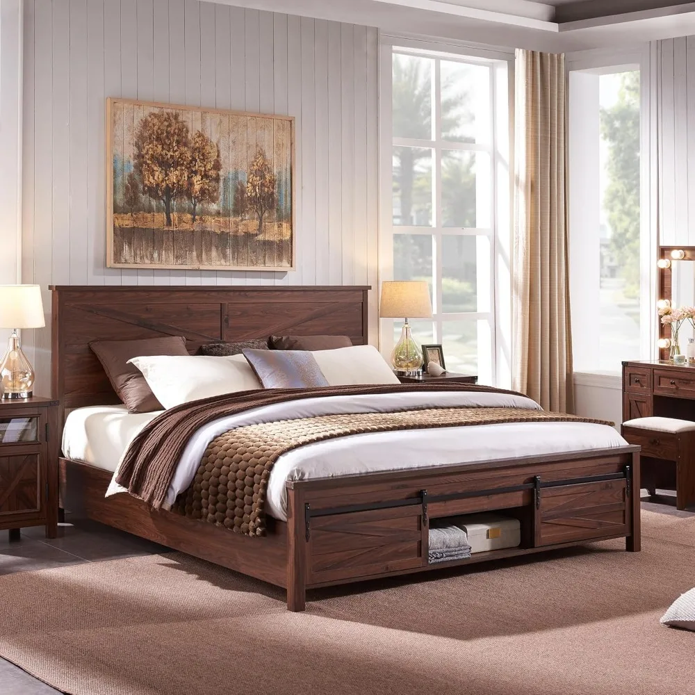 Farmhouse Wood Bed Frame Queen Size with Sliding Barn Door Storage Cabinets and Headboard, Solid Wood Slats Support.