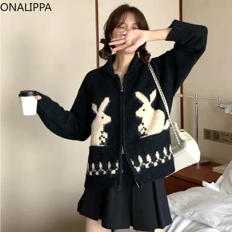 Onalippa Rabbit Jacquard Knitted Cardigan Turn Down Collar Zipper Cardigans Korean Slouchy Style Thick Contrast Sweater Women