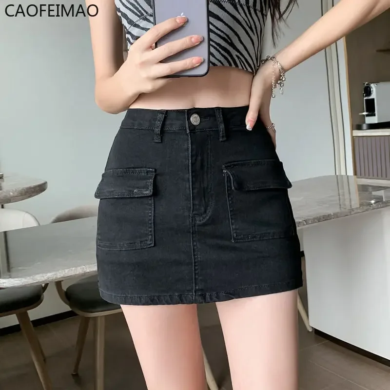 Сумк бедр Korean High Wiast Denim Mini Skirt Women Sexy Hot Girl Tight Bag Hip Skirts Female Slim Anti-Glare Short Skirts Female